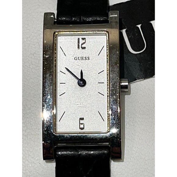 NEW GUESS SILVER TONE BLACK Leather BAND RECTANGLE WHITE DIAL WATCH in box